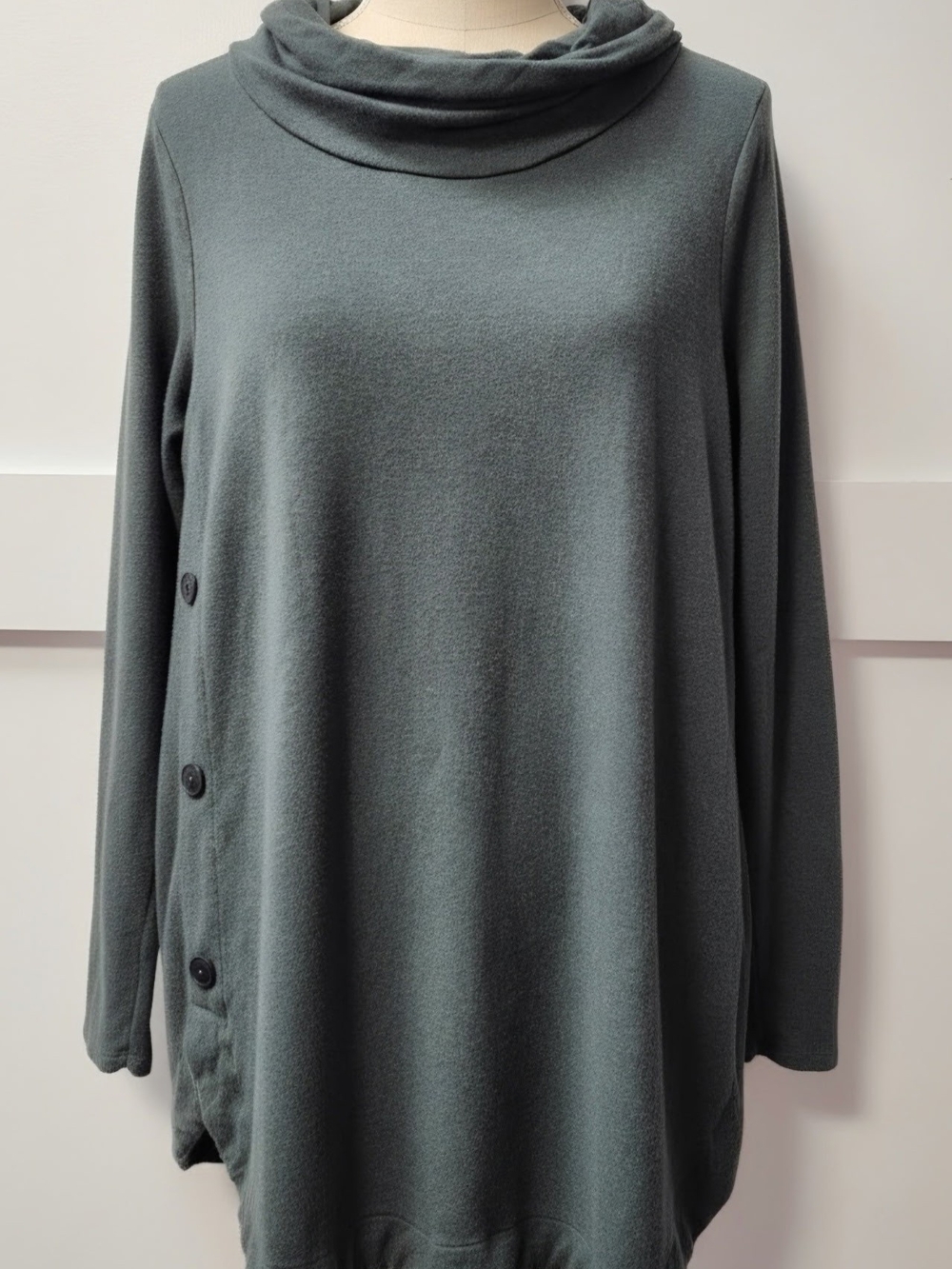 Cowl Neck Button-Side Tunic Sweater - Slate Green
